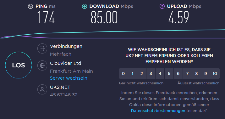 Speedtest über deutschen VPN-Server von Kaspersky VPN