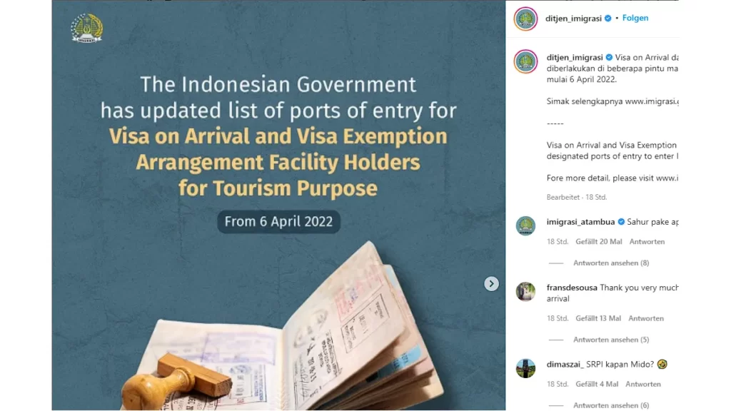 Visa on Arrival Indonesien 2022 ab dem 4. April für 43 Länder möglich