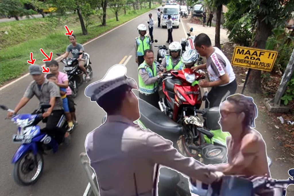Das Bild zeigt zwei Mopeds, auf denen Einheimische ohne Helm fahren, während sie an einer Polizeikontrolle vorbeifahren. Im Vordergrund ist ein Ausländer ohne Helm zu sehen, der von der Polizei gestoppt wurde und zur Zahlung aufgefordert wird.