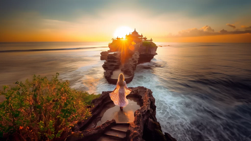 Das Titelbild zeigt einen Reisenden in Bali, der respektvoll gekleidet und vor einem balinesischen Tempel verbeugt ist. Um den Reisenden herum sind Symbole der balinesischen Kultur zu sehen, wie Opfergaben und traditionelle Kleidung. Diese Szene spiegelt die Wichtigkeit von Benimmregeln für Bali wider, um die lokale Kultur und Traditionen zu respektieren und zu schützen.