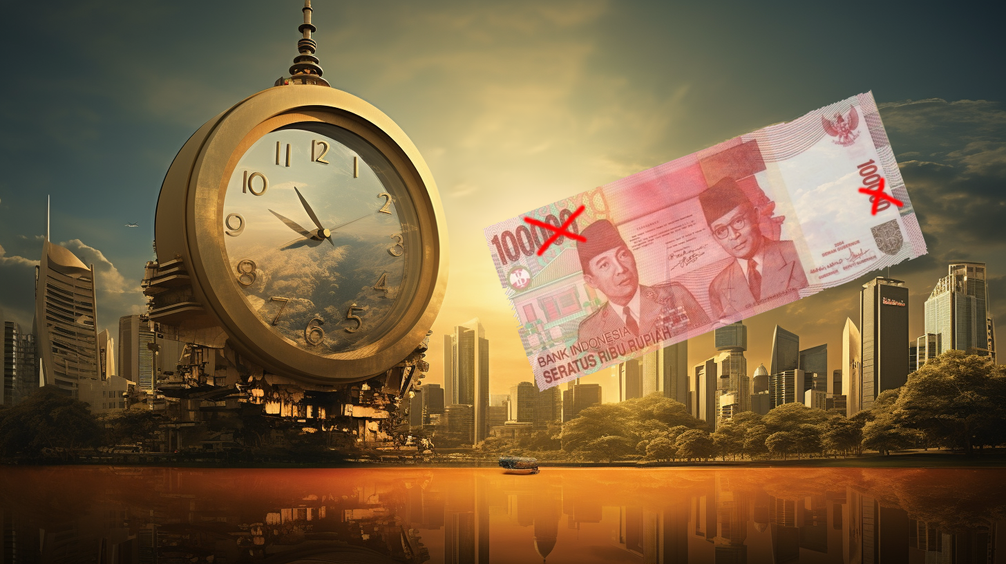 Titelbild mit einer Illustration der indonesischen Rupiah-Banknoten und Münzen, um die Diskussion über die mögliche Umstellung der Rupiah-Währung zu veranschaulichen.