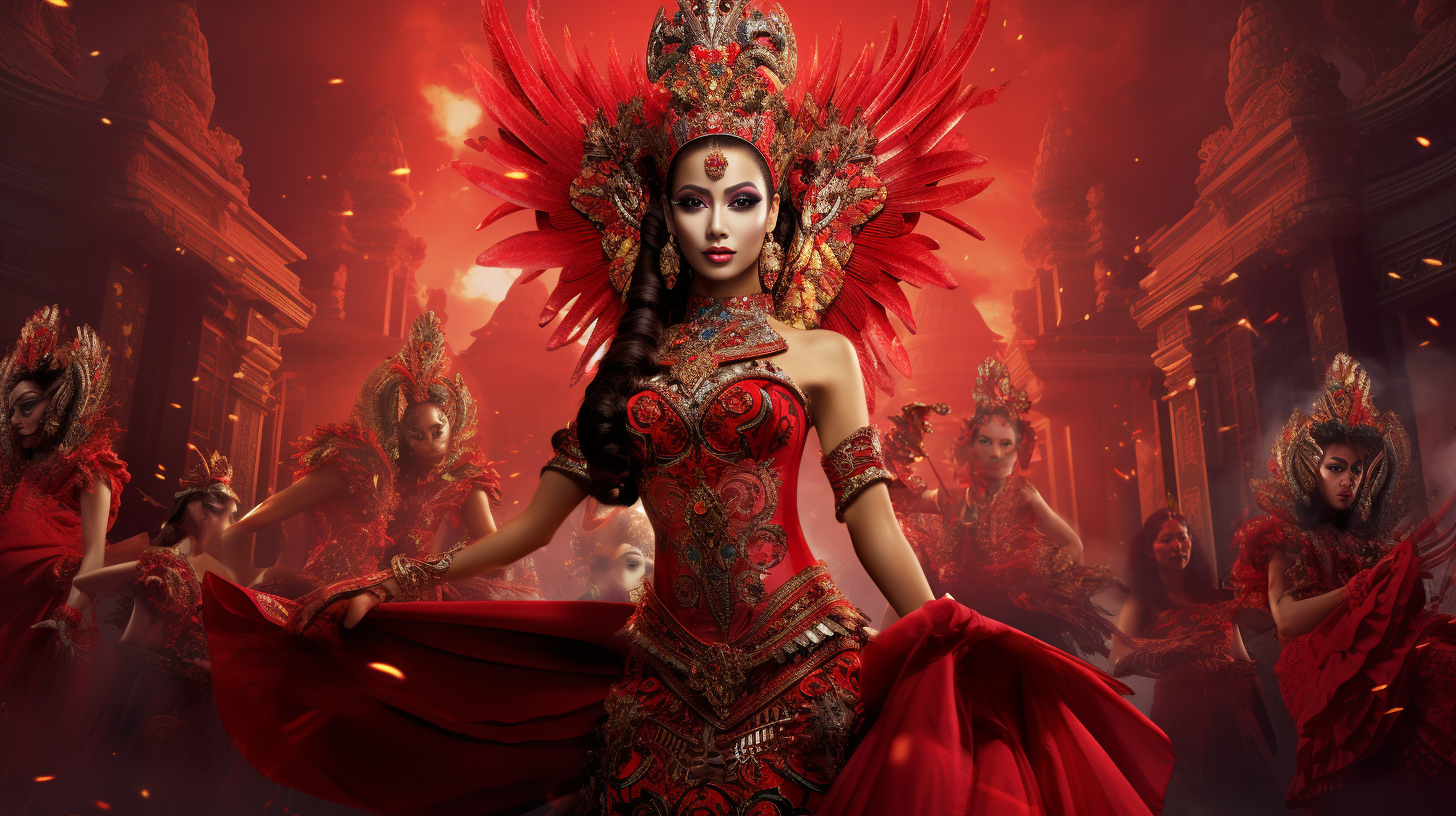 Ein farbenfrohes Bild, das die Vielfalt der indonesischen Kultur und ihre einzigartige Schönheit durch traditionelle Kostüme, kunstvolle Tänze und ikonische Wahrzeichen darstellt.