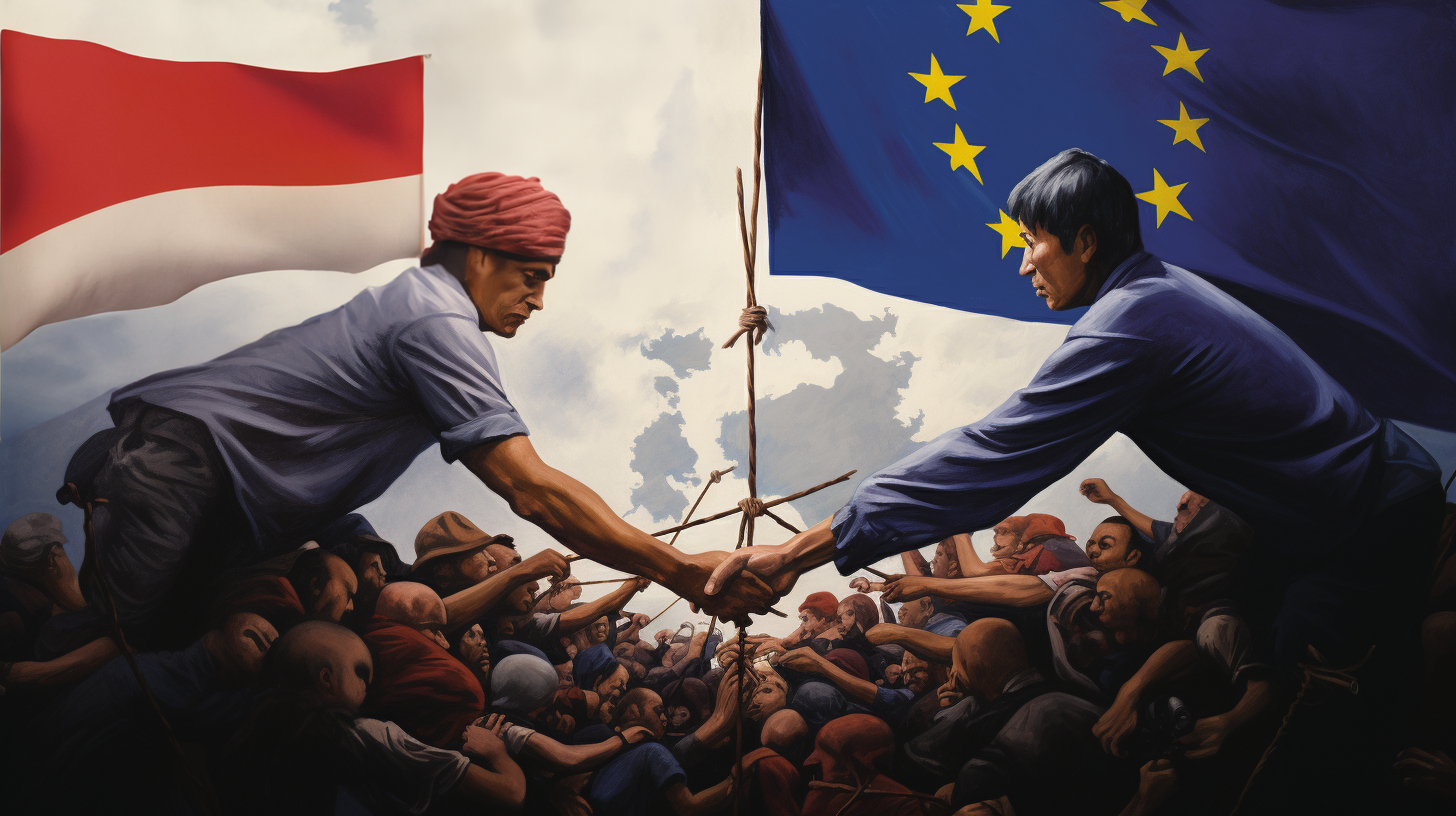 Ein Bild, das die Verhandlungen Indonesiens mit der EU illustriert, um seine Interessen zu schützen und erfolgreich zu verteidigen.