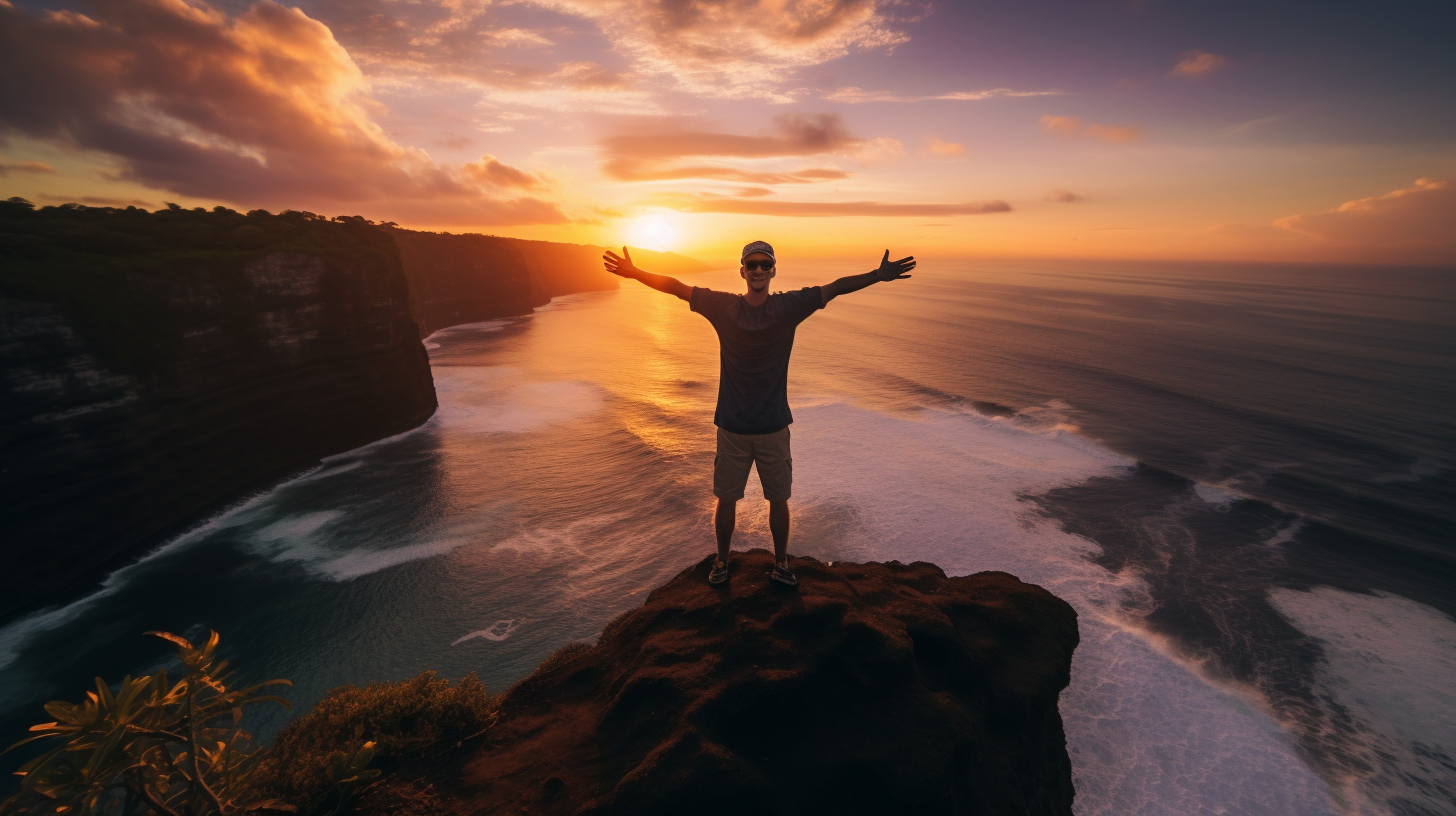 Ein junger Influencer steht auf dem Rand einer Klippe in Bali und versucht, ein Selfie für Instagram mit dem atemberaubenden Sonnenuntergang einzufangen. Die Gefahr, in der er sich befindet, ist unübersehbar.