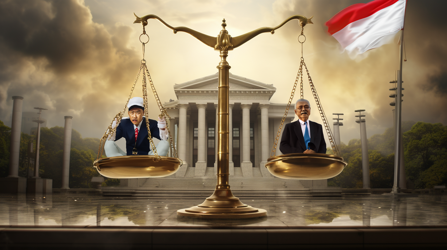 Eine Darstellung der indonesischen Flagge, die über der Waage der Gerechtigkeit liegt und auf die gescheiterte verfassungsrechtliche Herausforderung gegen die Altersbeschränkung für Präsidentschaftskandidaten in Indonesien hinweist.