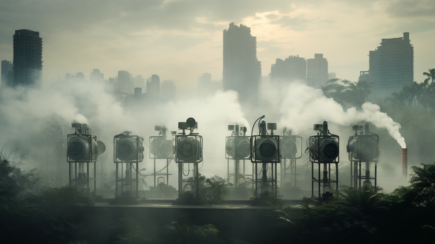 Wassernebelgeneratoren reinigen die Luft inmitten der Umweltverschmutzung Jakartas.