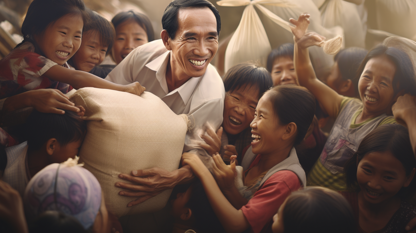 Jokowi, der indonesische Präsident, lächelt, während er von verschiedenen Familien umgeben ist, die Säcke mit Reis erhalten. Dies symbolisiert sein Engagement für die Fortsetzung der Unterstützung mit 10 kg Reis bis Dezember, um die Ernährungssicherheit der Gemeinschaft zu gewährleisten.