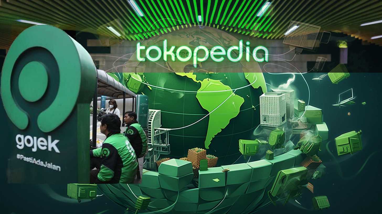 Ein Bild, das die PT Gojek Tokopedia Tbk (GOTO) ineinander verschlungen zeigt, umgeben von einer Weltkarte mit Kreuzen über ausländischen Börsen, die die Absage des GOTO-Auslands-IPO symbolisieren.