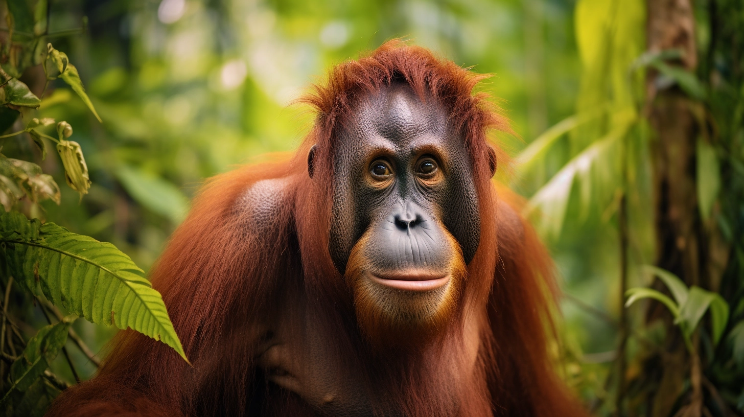 Ein atemberaubendes Panorama der wilden Schönheit von Borneo, mit majestätischen Regenwäldern und hohen Baumkronen, die von 12 wilden Orang-Utans in ihrem natürlichen Lebensraum bevölkert sind.