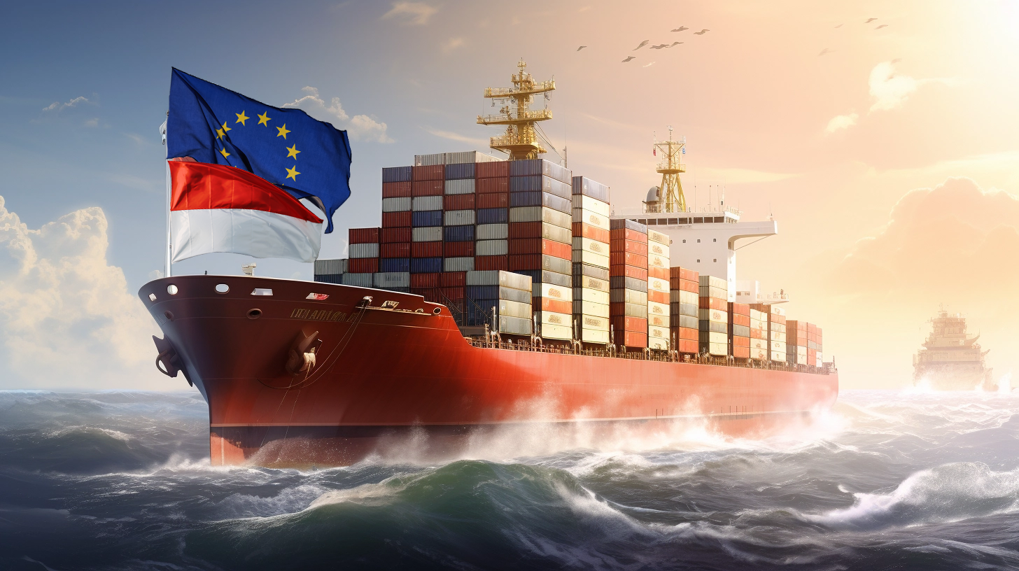 Ein großes Frachtschiff mit indonesischer und europäischer Flagge segelt über das Meer, um die Wiederbelebung des Seefrachtversand zwischen den beiden Regionen zu symbolisieren.
