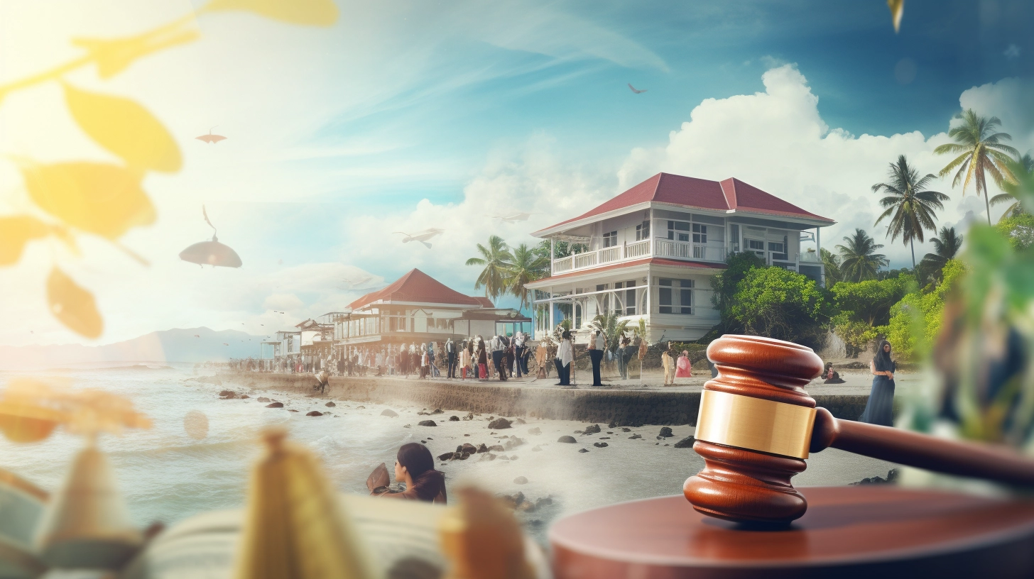 Touristen genießen die Strände und Sehenswürdigkeiten von Bali, während im Hintergrund ein Gerichtshammer und ein Gerichtsgebäude eine bevorstehende Tourismussteuer und rechtliche Herausforderung repräsentieren.
