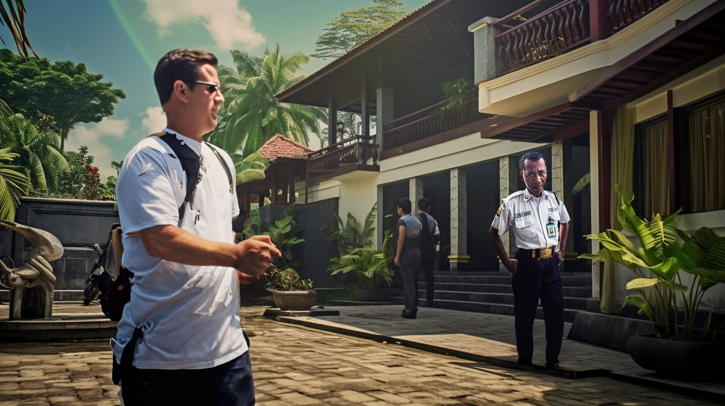 Ein ausländischer Besucher konfrontiert Sicherheitskräfte vor einer Villa in Bali, während im Hintergrund das US-Generalkonsulat zu sehen ist.