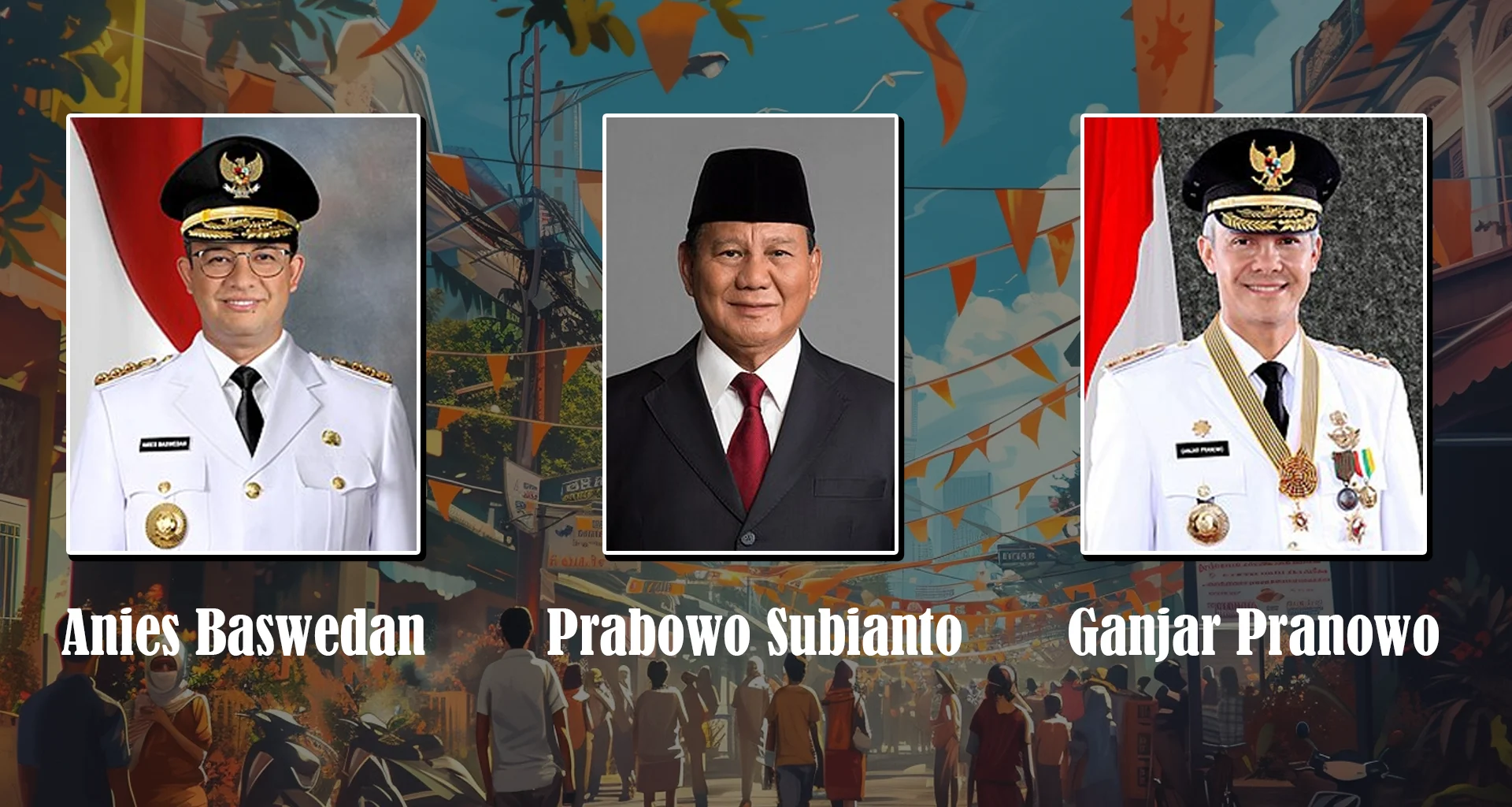 Ein belebter indonesischer Straßenmarkt mit lebhaften Wahlkampfbannern, wo Unterstützer der Präsidentschaftskandidaten in lebhaften Diskussionen zusammenkommen, umgeben von einer Flut von Parteiflaggen und ikonischen Symbolen, die die vielfältigen Wahlmöglichkeiten in der kommenden Wahl repräsentieren.