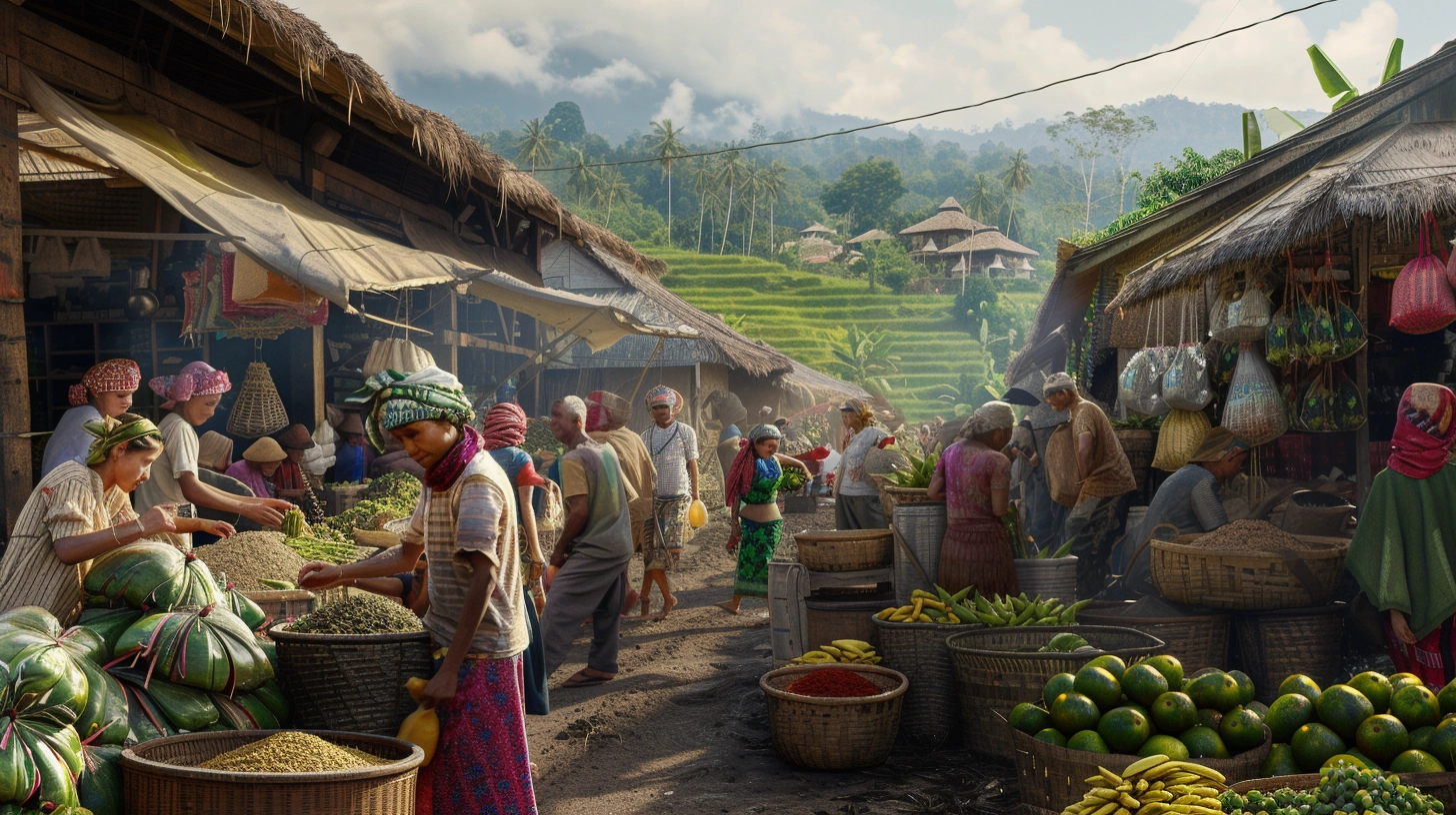 Ein geschäftiger indonesischer Markt, auf dem sich arme Familien bemühen, den Reispreis in Indonesien sich leisten zu können. Im Hintergrund befindet sich eine Reisterrasse.
