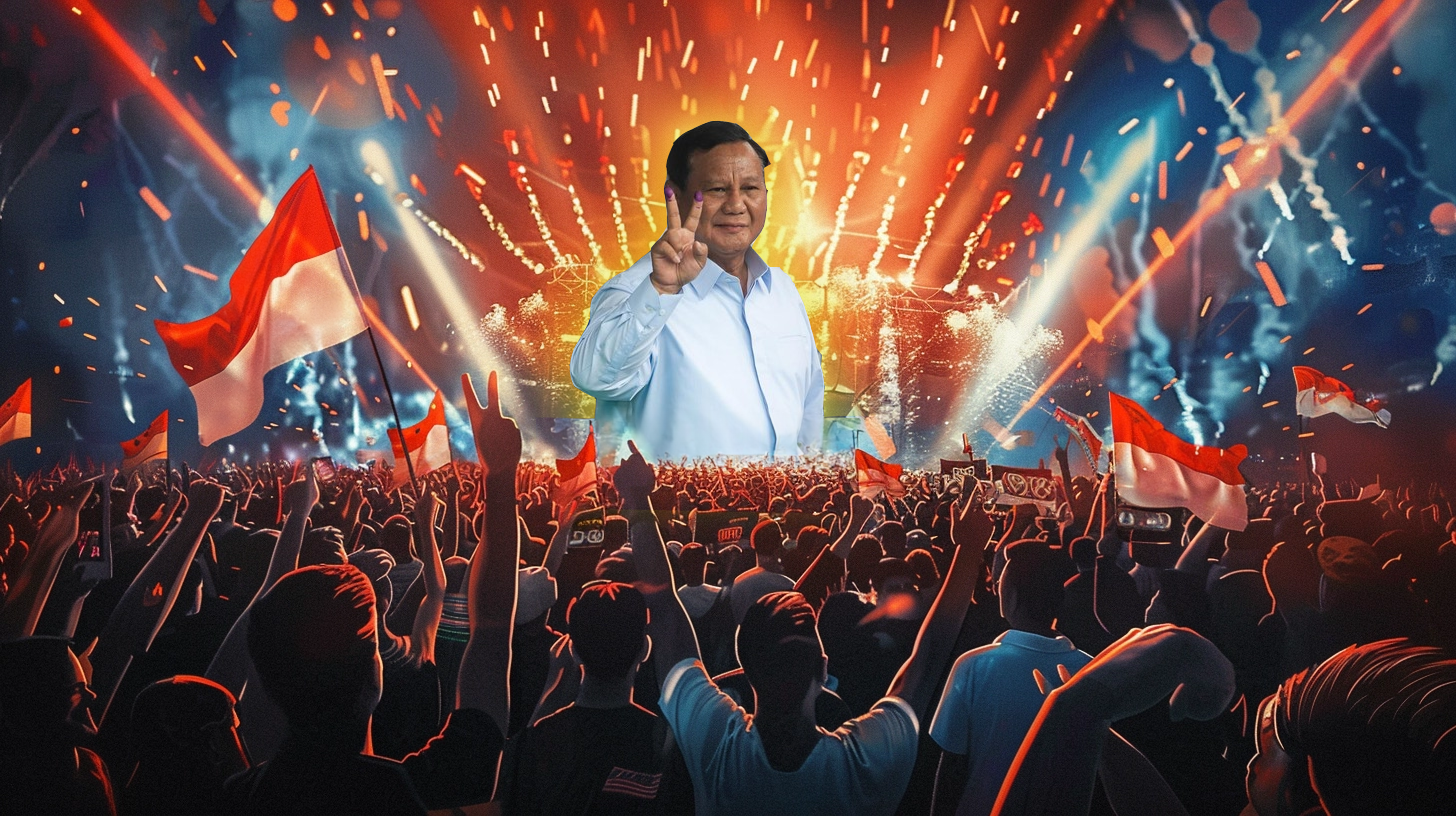 Eine riesige Menschenmenge feiert die Ergebnisse der indonesischen Präsidentschaftswahlen von 2024 vor einer hell erleuchteten Bühne.
