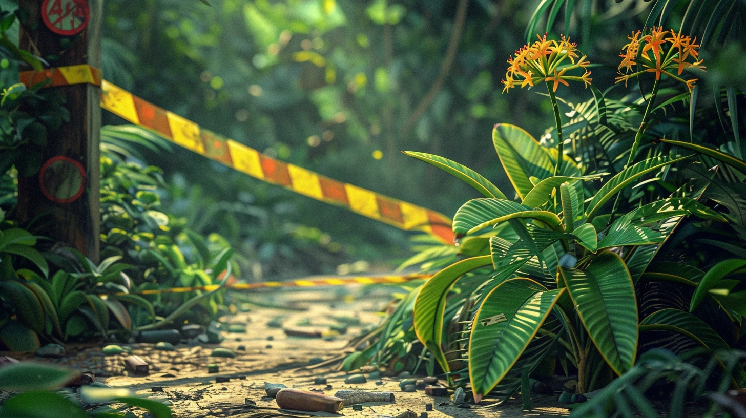 Eine leuchtend grüne Gefährliche Pflanzen in Indonesien mit zarten blühenden Blumen, umgeben von Warnschildern und Absperrband in einem indonesischen Dschungel.