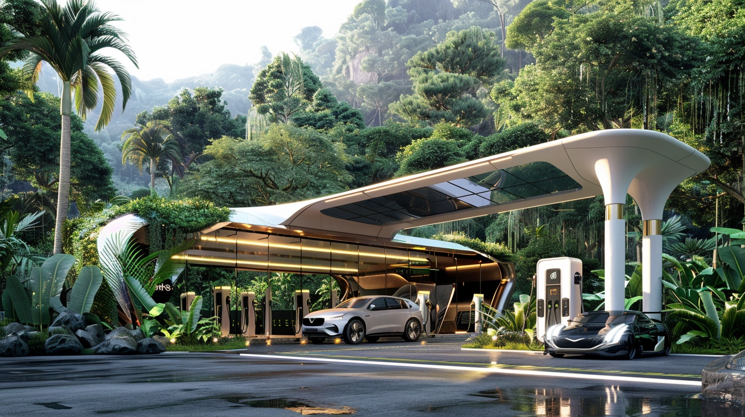 Moderne Grüne Wasserstofftankstelle der Zukunft in Indonesien mit eleganten Wasserstoff-Pumpen, Solaranlagen, üppiger Vegetation, Wasserstofffahrzeugen, Elektroautos und glücklichen Kunden.