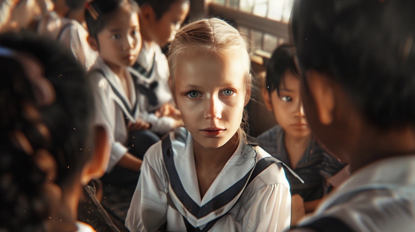 Eine schüchterne deutsche Mädchen wird von indonesischen Kindern neugierig beobachtet, als sie zum ersten Mal die Schule in Jakarta betritt.