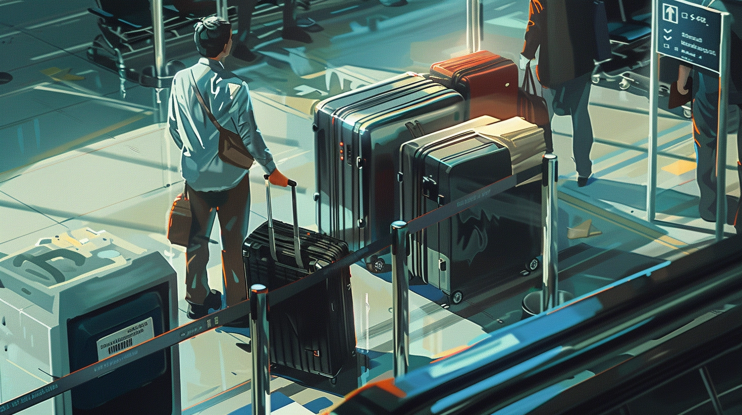 Neue Einfuhrbestimmungen für Flugpassagiere: Reisender am Flughafen-Sicherheitskontrollpunkt mit großem Koffer, der von Zollbeamten inspiziert wird.