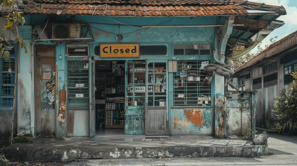 Verlassenes Body Shop Geschäft in Indonesien mit geschlossenen Fenstern und leeren Regalen.
