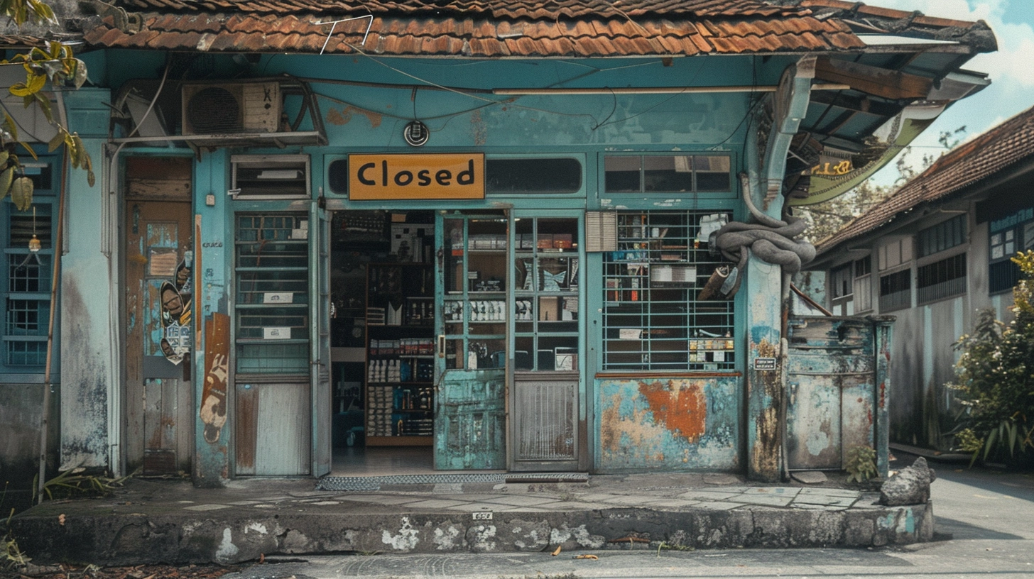 Verlassenes Body Shop Geschäft in Indonesien mit geschlossenen Fenstern und leeren Regalen.