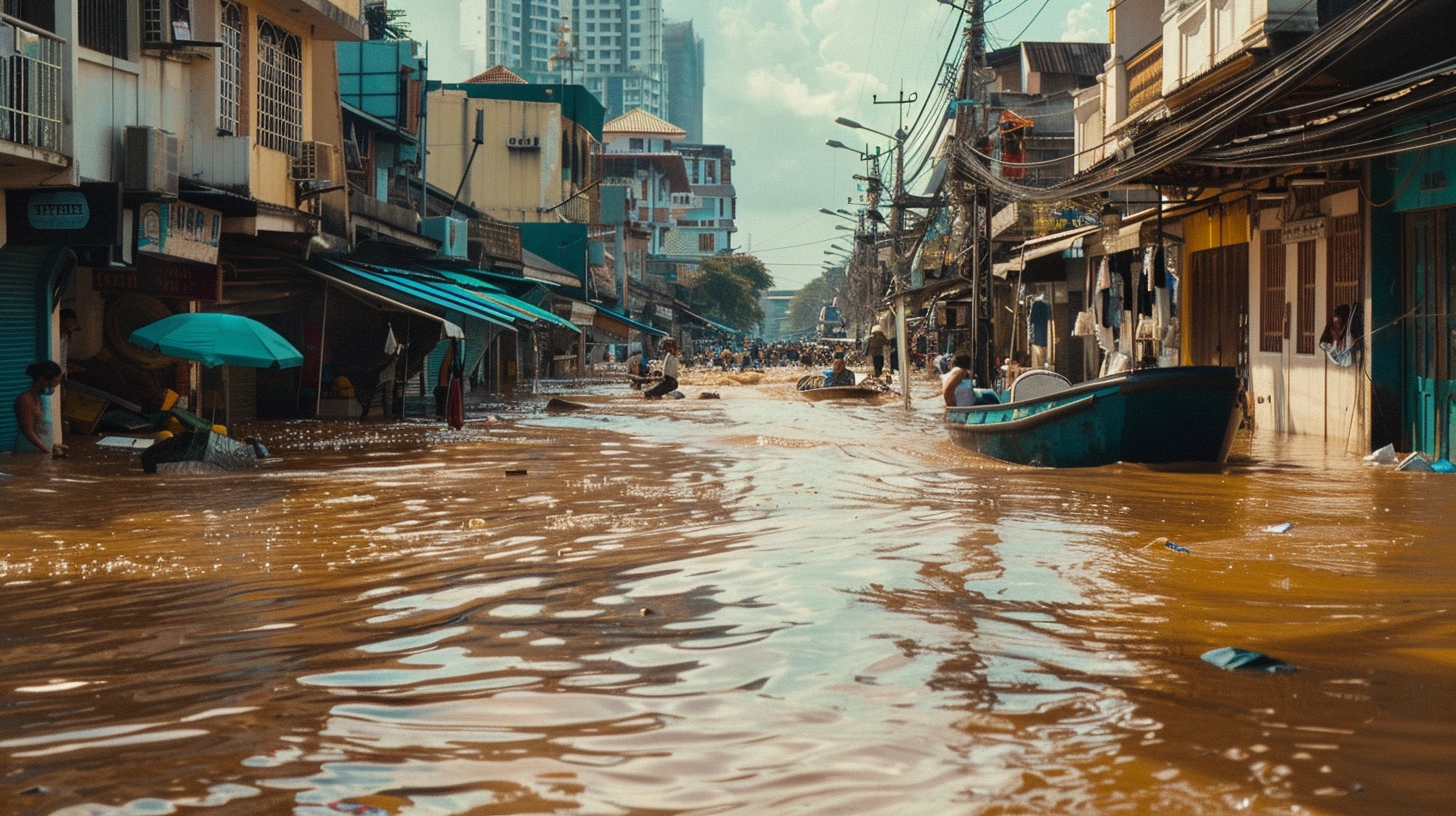 Ein Stadtstraße in Jakarta, Überschwemmungen mit trübem braunem Wasser, mit Gebäudefenstern, die fast versunken sind, während Boote durch das Wasser navigieren.