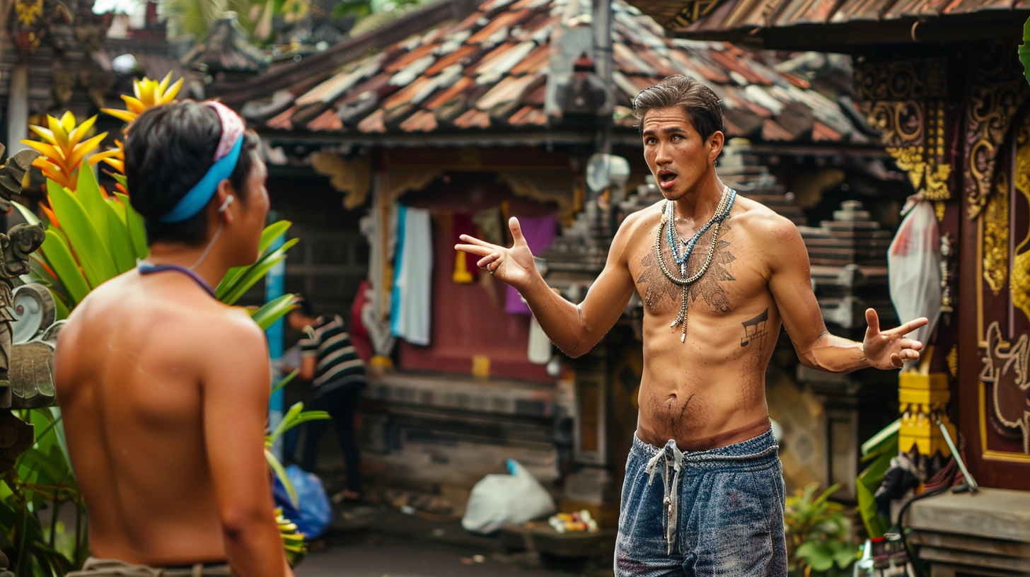 Ein ausländischer Tourist mit markanten Gesichtszügen zieht seine Hose aus und gestikuliert in Richtung eines Einwanderungsbeamten in Bali.