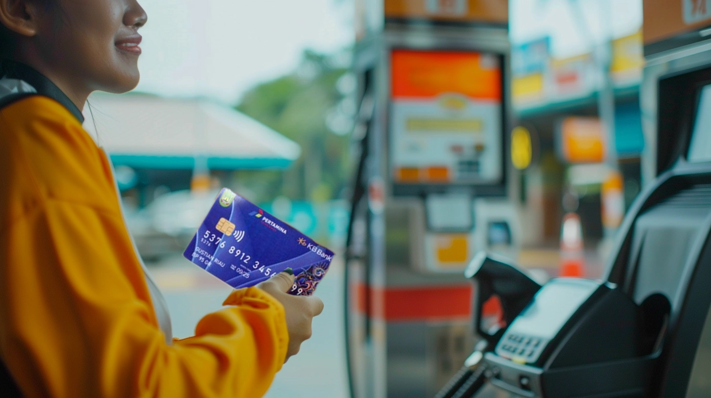 Eine Pertalite-Karte mit dem Pertamina-Logo wird verwendet, um Pertalit-Treibstoff an einer Tankstelle zu kaufen, während der Kassierer lächelt.