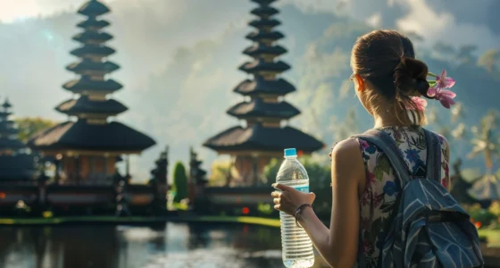 Reisen nach Indonesien, ein Tourist trinkt abgefülltes Wasser und betrachtet eine Karte sorgfältig, um respektvoll mit der lokalen Kultur zu interagieren, in angemessener Kleidung und mit umweltfreundlichem Verhalten.